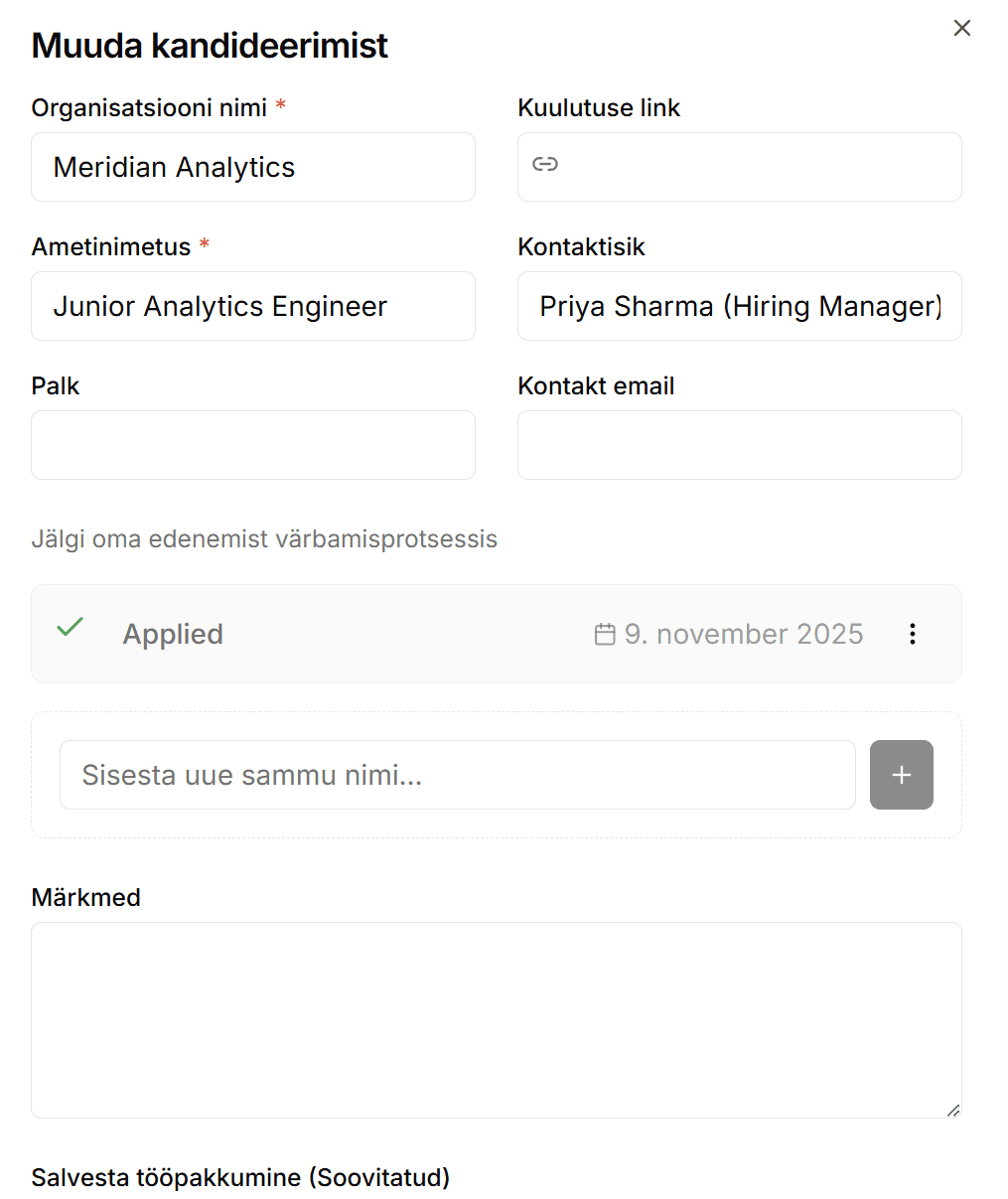 Screenshot of the 'Detail View' for a specific application showing notes and CV version