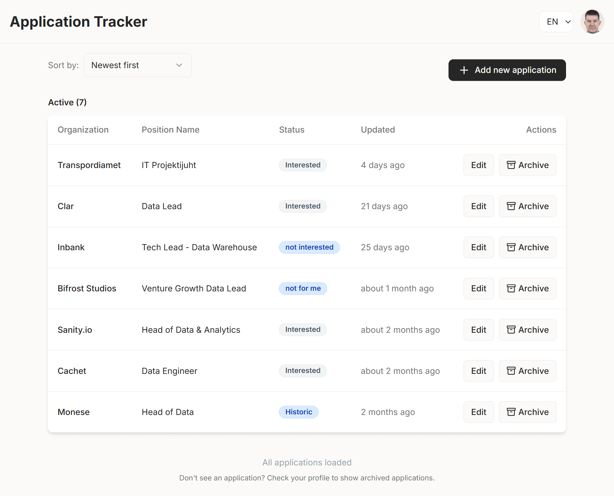 Application Tracker showing a list of job applications